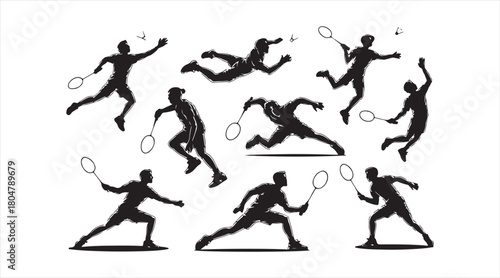 Dynamic tennis athlete silhouettes performing serves, hits, and action movements