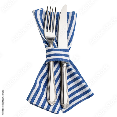 Fork and knife with striped napkin isolated on a transparent background