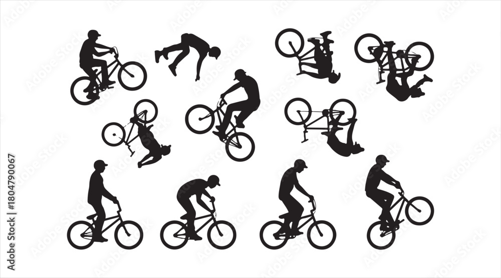 Fototapeta premium BMX rider stunt silhouette collection featuring jumps, flips, and freestyle tricks