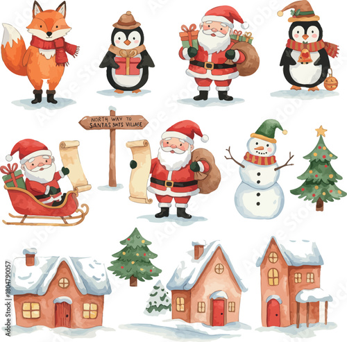 Watercolor christmas holiday characters and elements.