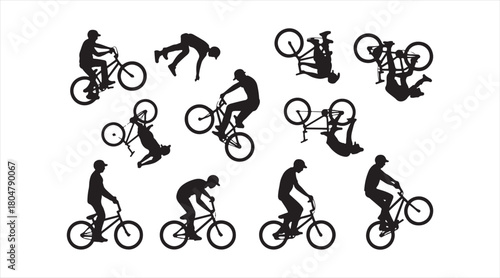 BMX rider stunt silhouette collection featuring jumps, flips, and freestyle tricks