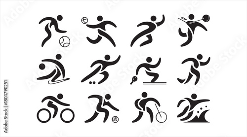 Dynamic athlete figures performing multiple sports in clean graphic icon form