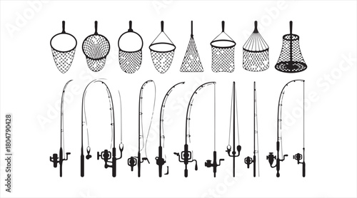 Set of fishing rods and landing nets illustrated as clean monochrome vector icons