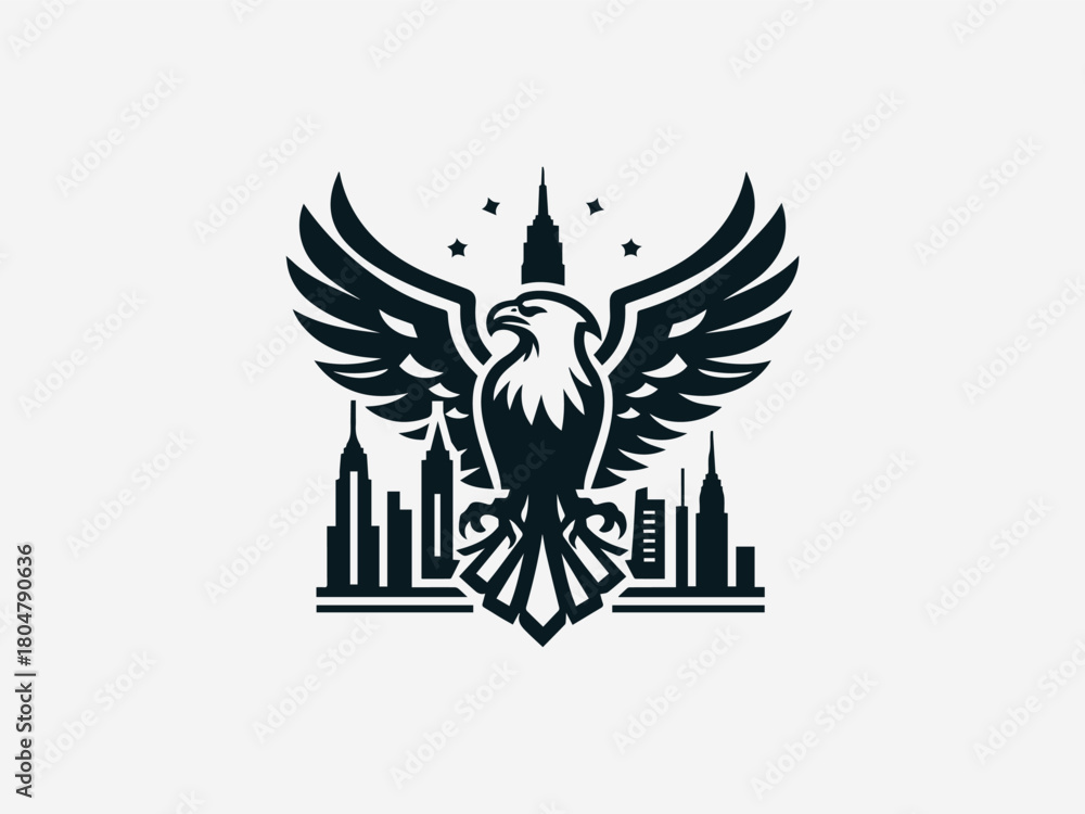 Obraz premium Powerful eagle soaring above detailed New York city skyline in clean bold black vector logo design
