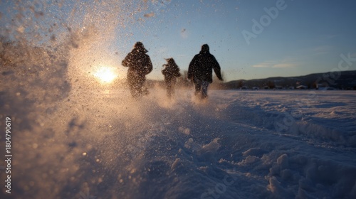 Silhouetted adventurers racing through snowdrifts at sundown evoke Frost Fest, Winter Solstice excitement, and Arctic escapades