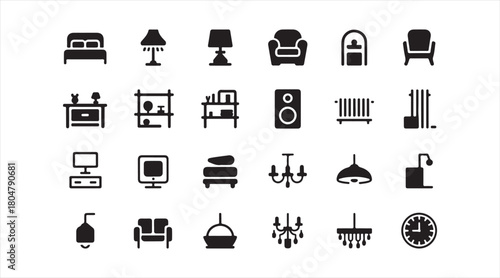 Monochrome collection of household furniture and decorative interior symbols