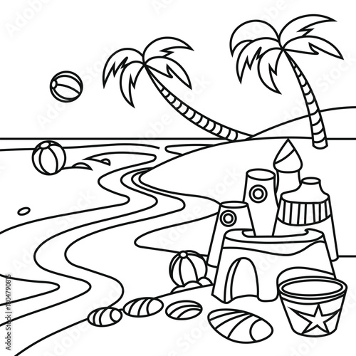 A simple black and white illustration of a beach with palm trees and sandcastle