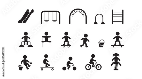Collection of kid activity silhouettes and playground elements in vector design