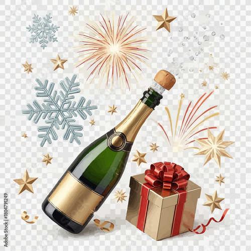 Isolated champagne bottle and glass beverage for Christmas or New Year's celebration party on white