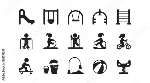 Monochrome children play symbols including slides, swings, toys, and sports