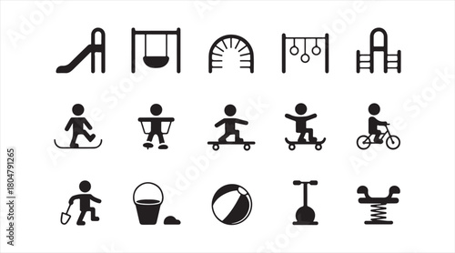 Set of playground equipment and kids activity icons in clean bold vector style