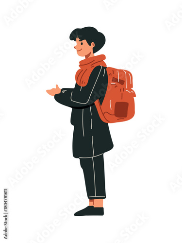 happy schoolboy carrying colorful backpack in cheerful mood