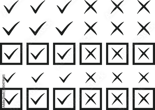 Hand drawn check marks and crosses in rows and boxes