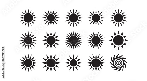 Minimalist sun symbol set with diverse ray designs in bold vector style