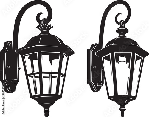 Two vintage outdoor wall lantern lights silhouette