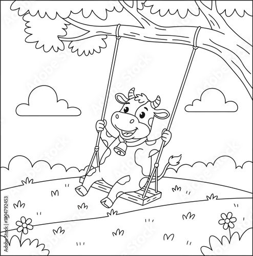 Cute Cartoon Cow on a Tree Swing in a Sunny Meadow – Fun Farm Animal Coloring Page Illustration
