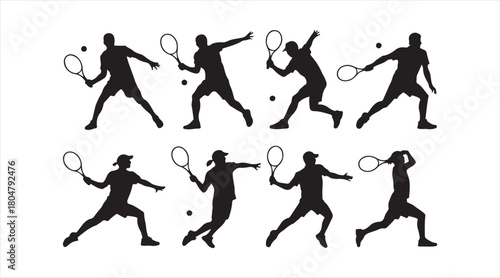 Silhouette tennis athletes demonstrating diverse strokes in a clean vector sports illustration