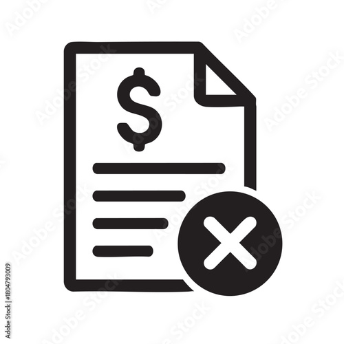 A flat design illustration depicts a document with a dollar sign and a cancellation mark