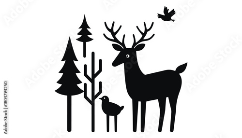 Black and white deer forest silhouette vector illustration