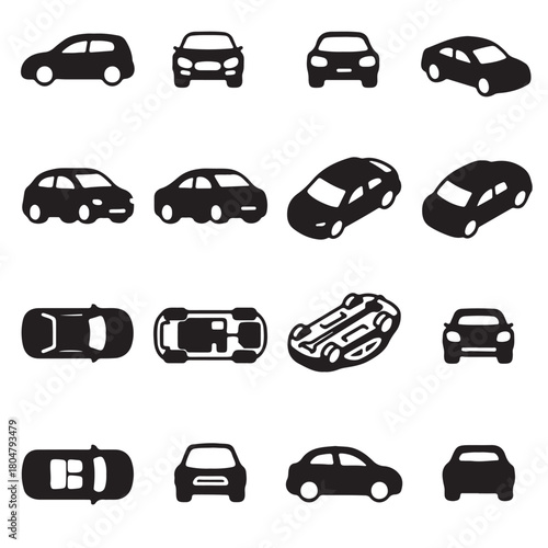 Car Silhouette Set from Multiple Angles – Front, Side, Top, and Isometric View Vector Illustration