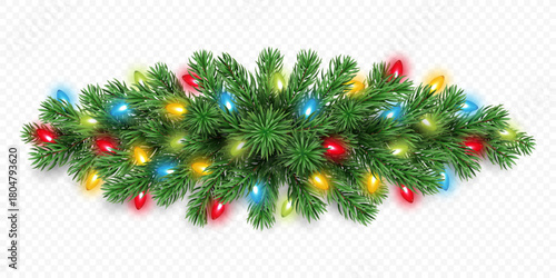Holiday pine tree garland with glowing colorful Christmas lights isolated on a transparent background. Vector realistic pine tree branches with light bulbs for winter decoration banner, poster, greeti