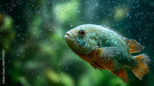 Sapphire-tinged fish glides in aquatic ballet, echoing serenity of World Water Day, piscatorial poetry under bubbling cosmos