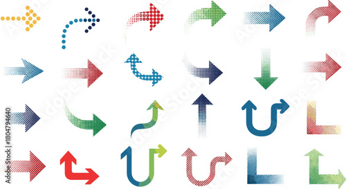 Collection of colorful halftone arrow illustrations on white background