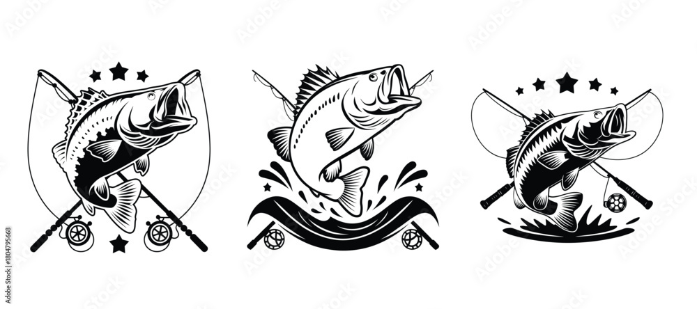 Obraz premium Bass Fishing Logo and Emblem Vector Set Jumping Largemouth Fish with Crossed Rods, Reel, and Water Splash Design for Sport, Tournament, or Club.
