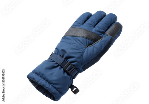 Isolated blue padded winter glove with black trim on fingers and wrist strap, ready to wear