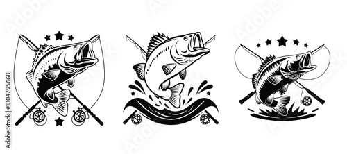 Bass Fishing Logo and Emblem Vector Set Jumping Largemouth Fish with Crossed Rods, Reel, and Water Splash Design for Sport, Tournament, or Club.