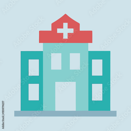 Simple flat icon of a hospital building with a red cross