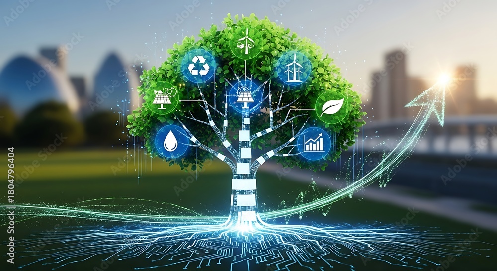 custom made wallpaper toronto digitalA digital tree with renewable energy icons symbolizing a strategic plan for sustainable business growth and a green economy