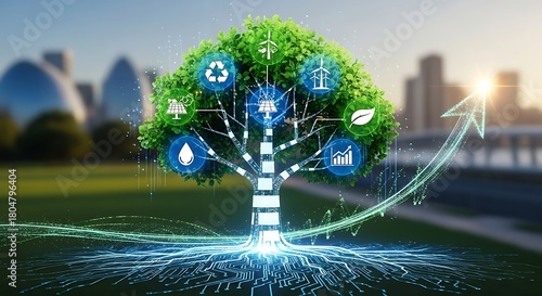 A digital tree with renewable energy icons symbolizing a strategic plan for sustainable business growth and a green economy