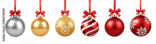 Set of christmas balls with ribbon isolated on white