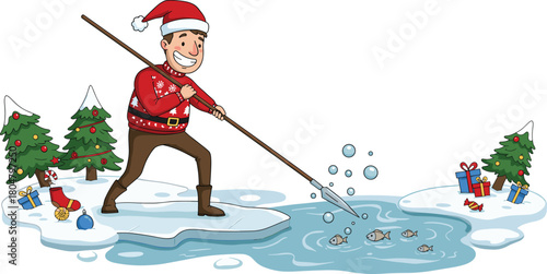 Cartoon person ice fishing with spear near Christmas trees and gifts, festive winter celebration, cheerful holiday activity illustration design