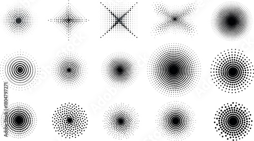 Collection of fifteen black and white halftone dot patterns