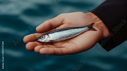 A solitary sardine cradled in a Caucasian male hand, invoking maritime tales and World Fisheries Day reflections