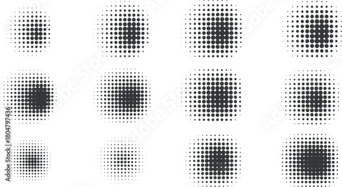 Halftone pattern grid: twelve circular and square dot matrix designs on white