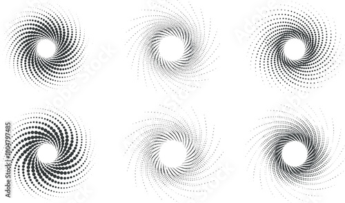 Six black and white dot swirl patterns on a white background