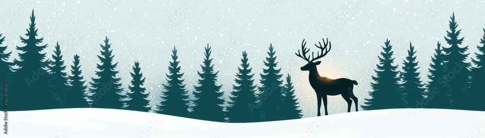 Obraz premium Christmas winter forest landscape with snow falling and majestic deer standing among pine trees under peaceful sky