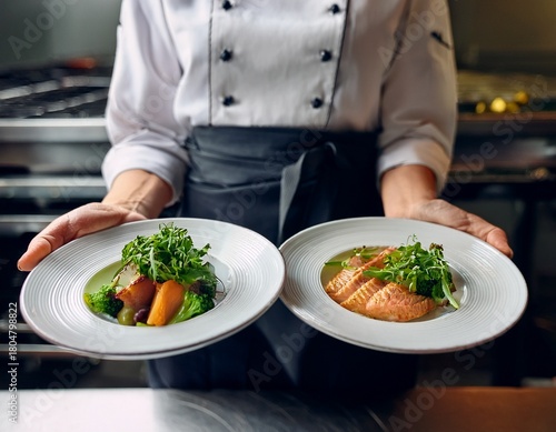 Wallpaper Mural close up of two plates of food placed on both hands of the chef in the hotel kitchen Torontodigital.ca