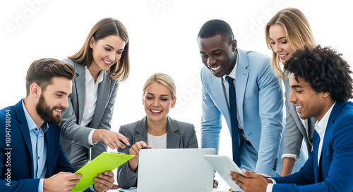 A diverse group of business professionals collaborating around a laptop, smiling and engaged in discussion, isolated on transparent background