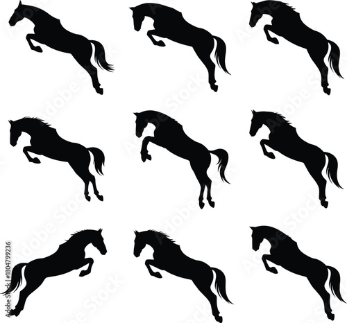Nine Silhouettes of Horses in Various Jumping Poses equestrian animal