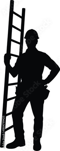 Silhouette of a construction worker holding a ladder with a tool belt vector illustration