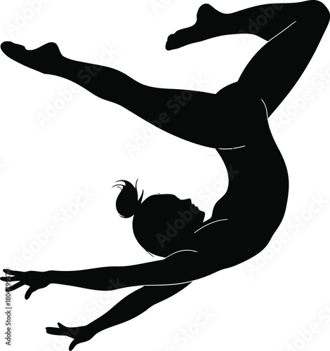 Silhouette of a female gymnast performing an acrobatic pose on a white background Keywords: gymnastics, gymnast, female, woman, athlete, sport, acrobatic, pose, silhouette