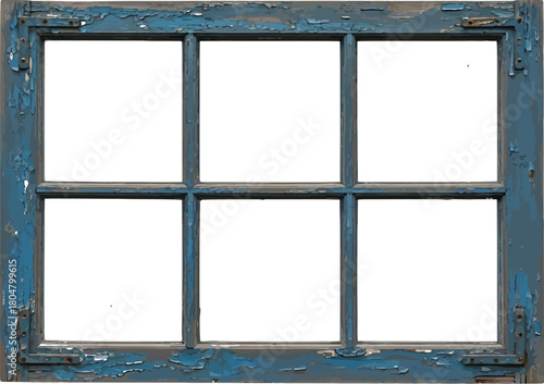 Distressed blue window frame with peeling paint isolated on a white background
