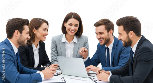 Diverse group of business people smiling and looking at a laptop during a meeting isolated on transparent background
