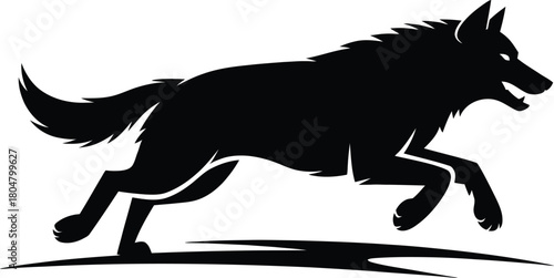Silhouette of a running wolf with its mouth open Keywords: wolf, running, silhouette, animal, predator, wild, nature, canine, mammal, hunting, chase, speed, motion, dynamic