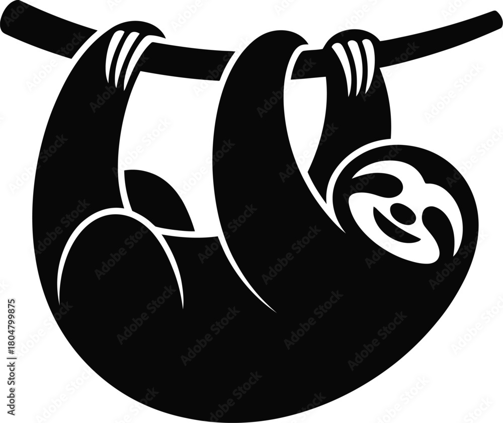 Naklejka premium Stylized black silhouette of a sloth hanging from a branch animal mammal