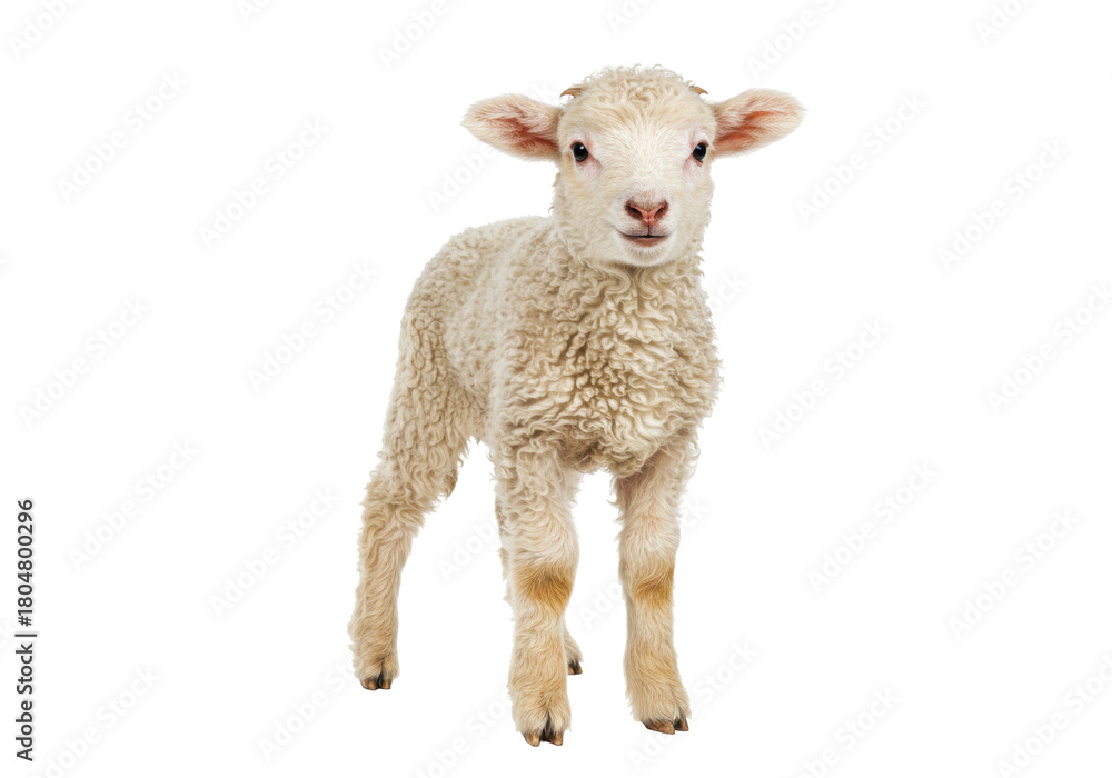 Obraz premium Isolated Lamb standing looking at the camera, a small, cute and fluffy baby sheep